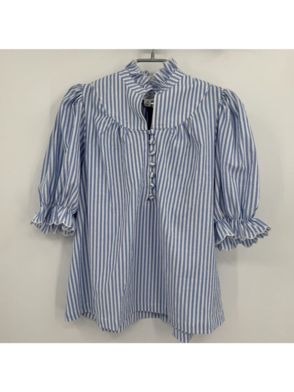 Pomander Place by Tuckernuck Blue Stripe Selena Blouse sz XS Puff Sleeve Ruffle - Picture 2 of 6